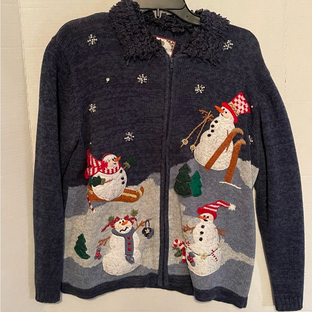 Tiara Navy Snowman Vintage Christmas Sweater Full Zip M/L